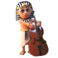 Musical 3d cartoon Egyptian pharaoh character playing the double bass