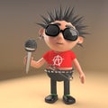 Musical 3d punk rocker character with spikey hair singing into a microphone, 3d illustration