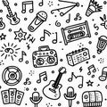 Musical doodles create a patterned background with guitar, cassette player, microphones, and music notes Royalty Free Stock Photo