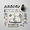 Musical elements creatively arranged on a light background. A small notebook is open with musical Royalty Free Stock Photo