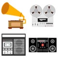 Musical equipment. Gramophone, bobbin tape recorder, cassette tape recorder, music center Royalty Free Stock Photo