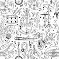 Musical equipment hand drawn outline seamless pattern