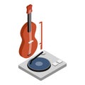 Musical equipment icon isometric vector. Wooden classic violin and record player