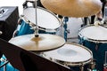 musical equipment on stage. drum set ready for street performance. Royalty Free Stock Photo