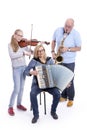 Musical family plays saxophone, violin and accordion in studio