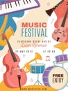 Musical festival poster. Jazz band party invitation, different instruments, strings, percussion and wind. Modern and