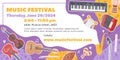 Musical festival poster. Jazz and blues bands performance. Brass, strings and percussion instruments. Orchestra concert