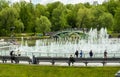 Musical fountain. Pedestrian bridge. Tsaritsyno park.