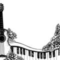 Musical frame with guitars, piano keys, roses, graphic vector black and white illustration. For posters, flyers and Royalty Free Stock Photo