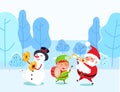 Santa and Snowman with Elf in Winter Park Vector