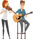 Musical group guitarist and violinist. Man sitting on high chair playing guitar, girl playing violin Royalty Free Stock Photo