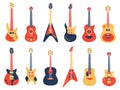 Musical guitar. Acoustic, electric rock and jazz guitars, retro strings guitars, music band instruments vector