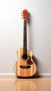 Musical harmony: Acoustic guitar and keys laid flat on a pristine white backdrop.