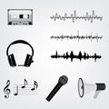 Musical vector icon set. Sound waves, microphine, tape and headphones Royalty Free Stock Photo