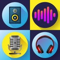 Musical icons set flat style - old microphone headphones acoustics and sound volume