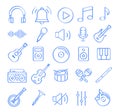 Set of music and sound icons in artistic blue line style, vector illustration Royalty Free Stock Photo