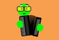 Musical. Illustration, cartoon figure. Graphic of a green doll playing music with an accordion of buttons. Royalty Free Stock Photo