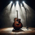 A musical instrument: acoustic guitar, sits on alone on stage ready to play, under a strong single spotlight Royalty Free Stock Photo