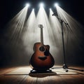 A musical instrument: acoustic guitar, sits on alone on stage ready to play, under a strong single spotlight