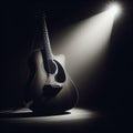A musical instrument: acoustic guitar, sits on alone on stage ready to play, under a strong single spotlight