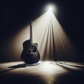 A musical instrument: acoustic guitar, sits on alone on stage ready to play, under a strong single spotlight