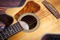 Close up of acoustic guitar. Acoustic guitar against an old wooden background Royalty Free Stock Photo