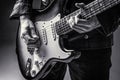 Musical instrument. Electric guitar. Repetition of rock music band. Music festival. Man playing guitar. Close up hand Royalty Free Stock Photo