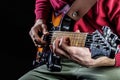 Musical instrument. Electric guitar. Repetition of rock music band. Music festival. Man playing guitar. Close up hand Royalty Free Stock Photo