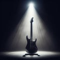 A musical instrument: electric guitar, sits on alone on stage ready to play, under a strong single spotlight