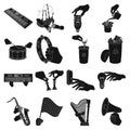 Musical instrument, garbage and ecology, electric applianc and other web icon in black style. Megaphone, finishing