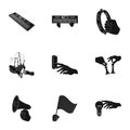 Musical instrument, garbage and ecology, electric applianc and other web icon in black style. Megaphone, finishing