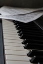 Black and white keys, on the piano. Musical notation, on a piece of paper. A piano with sheet music. Royalty Free Stock Photo