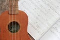 Musical instrument guitar on the background of sheets of sheet music Royalty Free Stock Photo