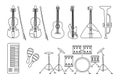 Musical instrument line sketch set. Guitar, violin, viola and drum. Trumpet, midi keyboard and maracas. Doodle black and white Royalty Free Stock Photo