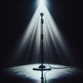 A musical instrument: microphone stand, sits on alone on stage ready to play, under a strong single spotlight