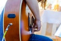 Musical instrument for recreation or hobby passion concept.Guitarist hands playing the guitar.Classical concert,performance show. Royalty Free Stock Photo