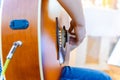 Musical instrument for recreation or hobby passion concept.Guitarist hands playing the guitar.Classical concert,performance show. Royalty Free Stock Photo