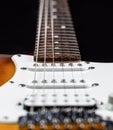 Musical instrument for rock, blues, metal songs. Guitar strings, close up. Electric Bass Guitars. Electric guitar. Close