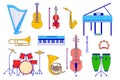 Musical instrument set isolated on white, guitar, piano and drums in flat style, vector illustration Royalty Free Stock Photo
