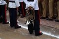 Musical Instrument Trumpet Held By A Man From Behind