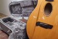 Musical instrument - Side view closeup fragment Broken acoustic guitar Royalty Free Stock Photo