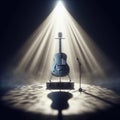 A musical instrument: steel guitar, sits on alone on stage ready to play, under a strong single spotlight