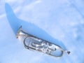 Musical instrument trumpet silver on snow