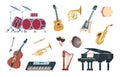 Musical instruments. Acoustic, electric and percussion cartoon vintage equipment for music concerts and party. Vector