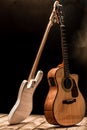 musical instruments, acoustic guitar and bass guitar and percussion instruments drums Royalty Free Stock Photo
