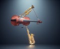 Musical instruments in balance. Violin, trumpet and saxophone.