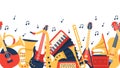 Musical instruments banner. Music guitar, violin and vintage accordion, jazz acoustics music instruments vector