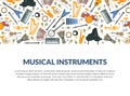 Musical Instruments Banner Template with Different Music Instruments Seamless Pattern and Space for Text Vector Royalty Free Stock Photo