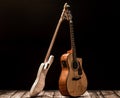 musical instruments, bass drum barrel acoustic guitar and bass guitar on a black background