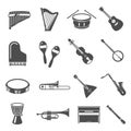 Musical instruments bold black silhouette icons set isolated on white. Harp, drum, flute, piano.